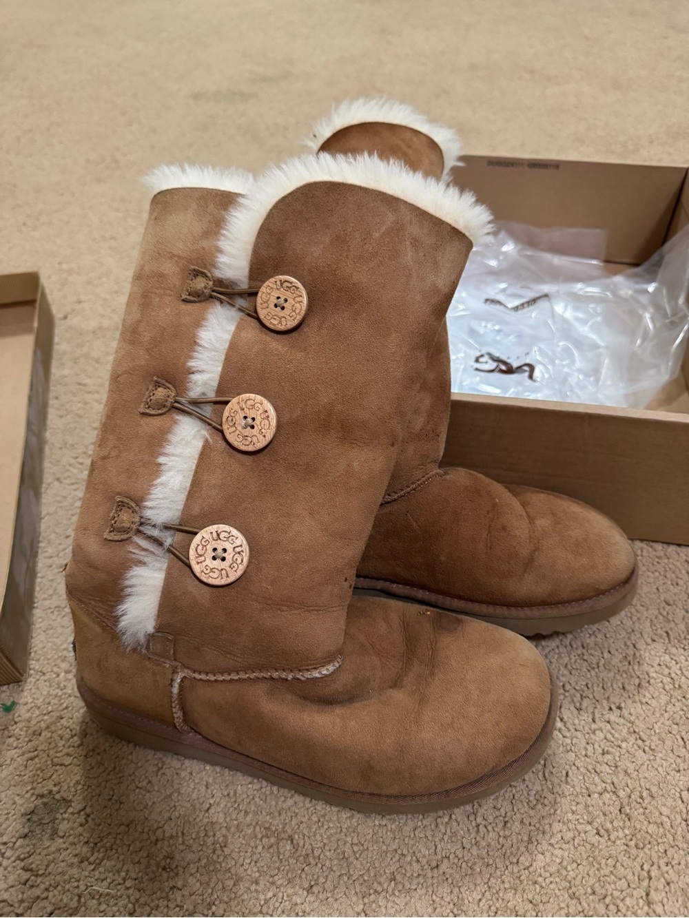 UGG Chestnut Suede Button-Accent Shearling Mid-Calf Boots